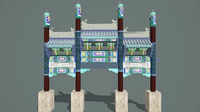 3D卡通风格中式牌坊模型，创意设计（3D物品、卡通风格、华丽雅致，文化主题，物品元素）