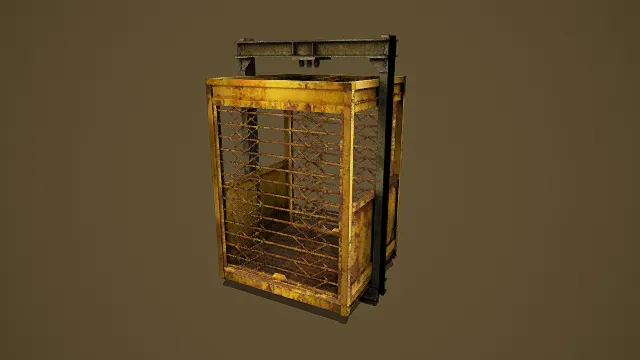 写实风格3D老式升降笼模型,创意设计(写实老式升降笼、3D模型、黄锈金属质感、网格笼体结构、顶部机械装置、复古工业细节)