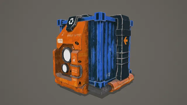 卡通风格3D科幻机械箱模型,创意设计(卡通科幻机械箱、机械箱造型、回收标志、炫酷卡通、科幻主题)