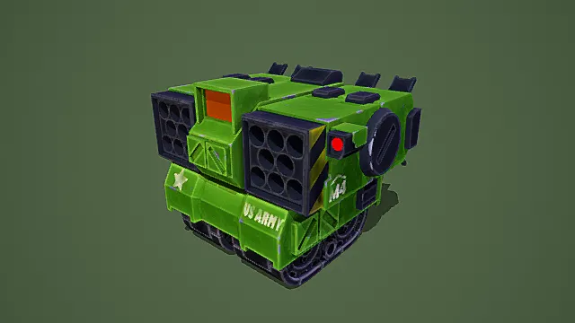 卡通风格3D绿色军事载具模型,创意设计(卡通军事载具、3D模型、绿色主体、黑色部件、灰色背景、独特造型 )