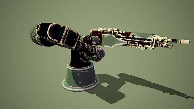 废土风格3D机械炮台模型,创意设计(废土机械炮台、3D模型、锈蚀外观、军事风格、绿色背景、独特造型 )