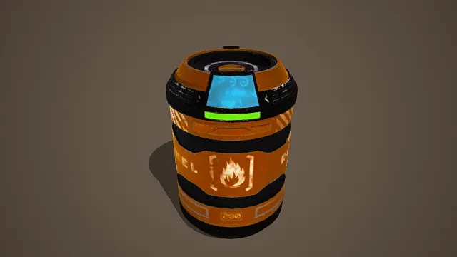 卡通风格3D科幻燃料罐模型,创意设计(卡通科幻燃料罐、3D模型、圆柱形燃料罐造型、火焰标识)