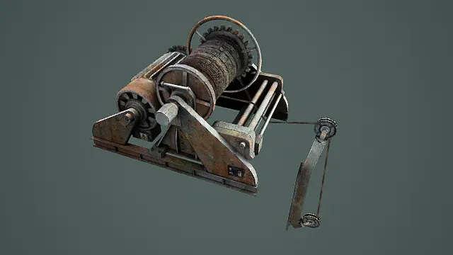 写实风格3D老式卷扬机模型,创意设计(写实老式卷扬机、3D模型、锈迹金属质感、齿轮与绳索结构、手摇部件、机械细节—)