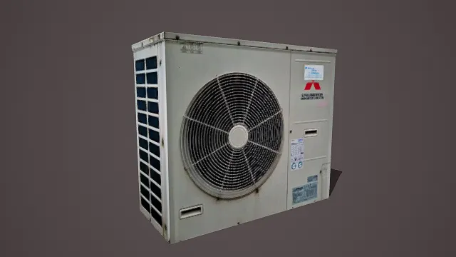 写实风格3D空调外机模型,创意设计(写实空调外机、3D模型、银灰主色调、风扇与格栅结构、品牌标识与警示标签)