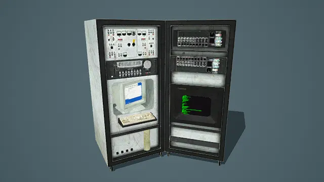 复古电子设备机柜3D写实模型,创意设计(写实复古电子设备机柜、多模块结构、老式电脑与键盘、按按钮与屏幕细节)