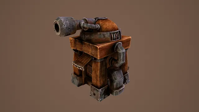 卡通风格3D奇幻机械炮塔模型，创意设计（卡通奇幻机械炮塔、3D模型、木质与金属结合结构、炮管与管道细节、雕刻纹理）