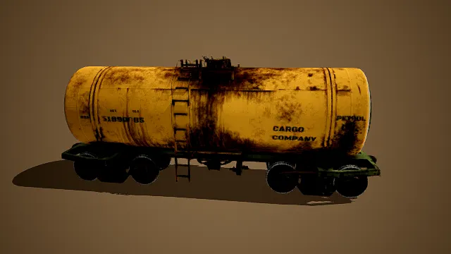 写实风格3D老式油罐车模型,创意设计(写实老式油罐车、3D模型、黄锈金属质感、圆柱形罐体、梯子与文字标识、复古工业细节)